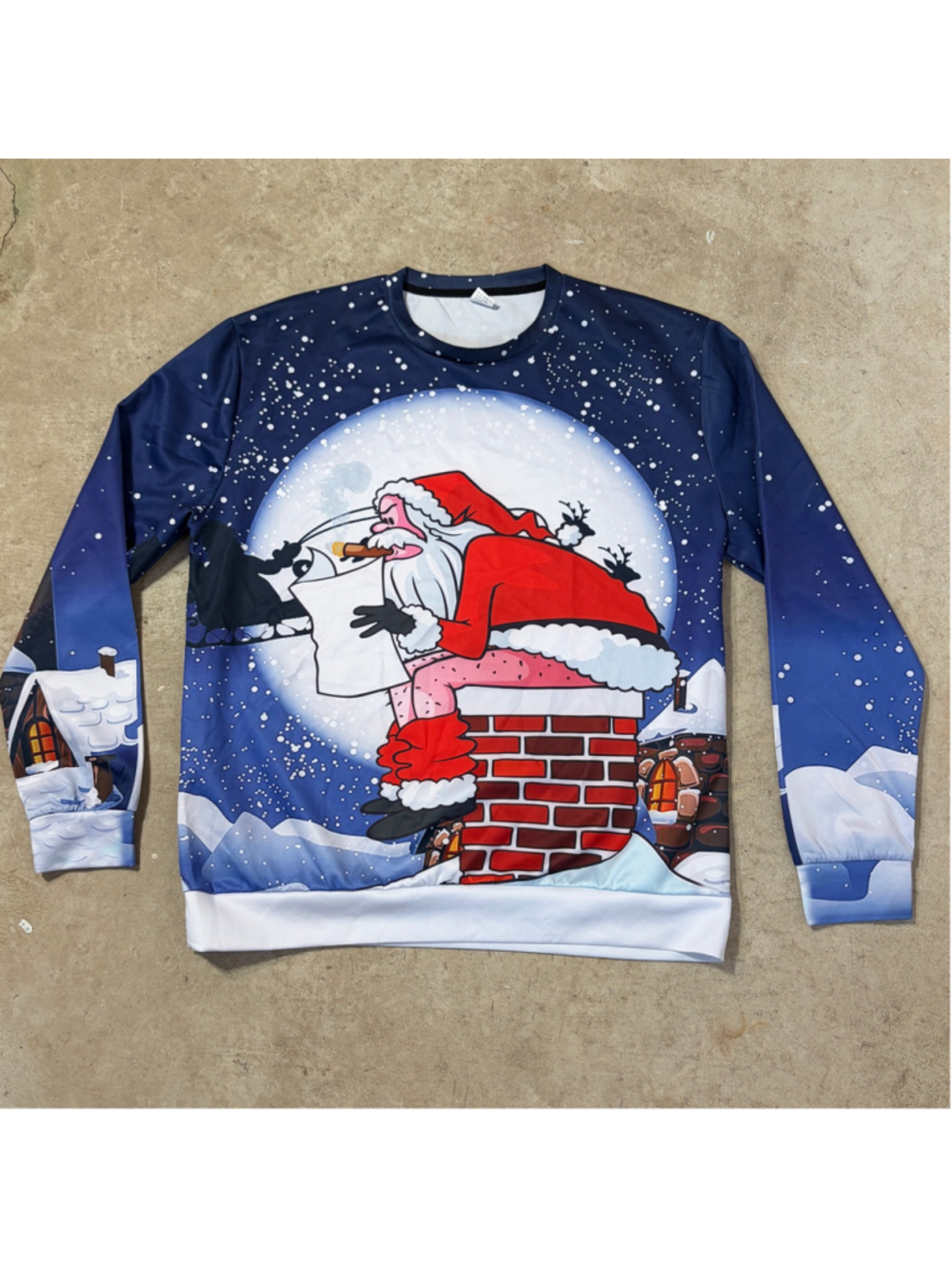 Naughty Santa Chimney Cigar Ugly Christmas Blue Graphic Top Men’s XXL Ugly